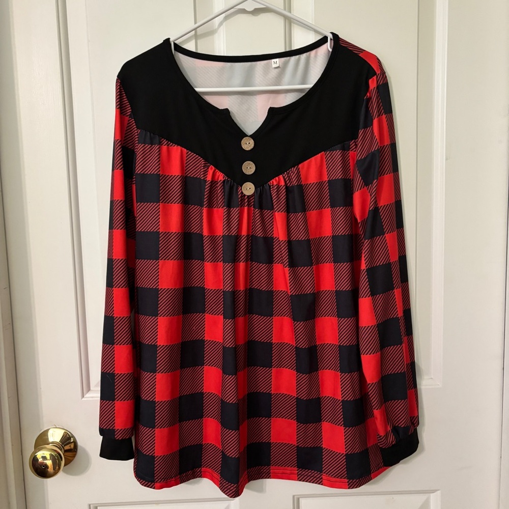 Red and Black Plaid Long Sleeve Top